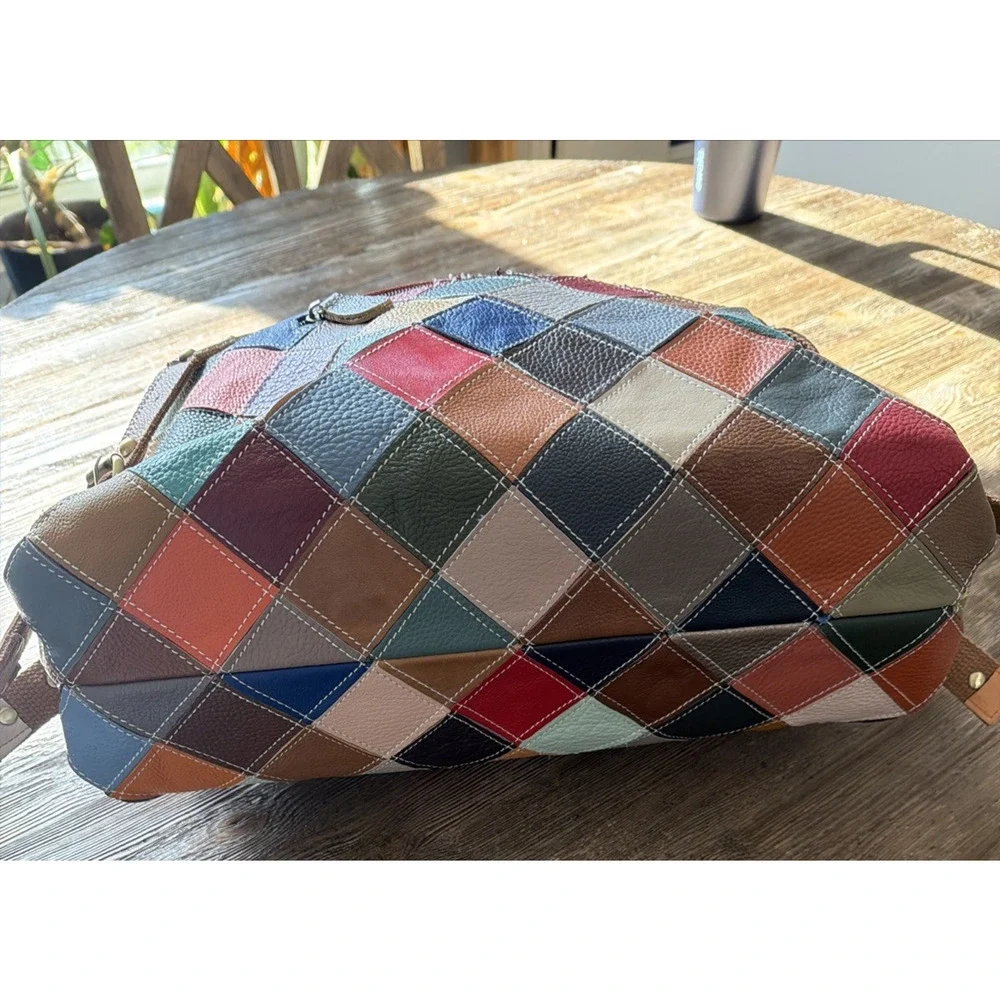 Genuine Leather Color Purse bohemian Handbag duffle studded patchwork quilt tote - Picture 9 of 9